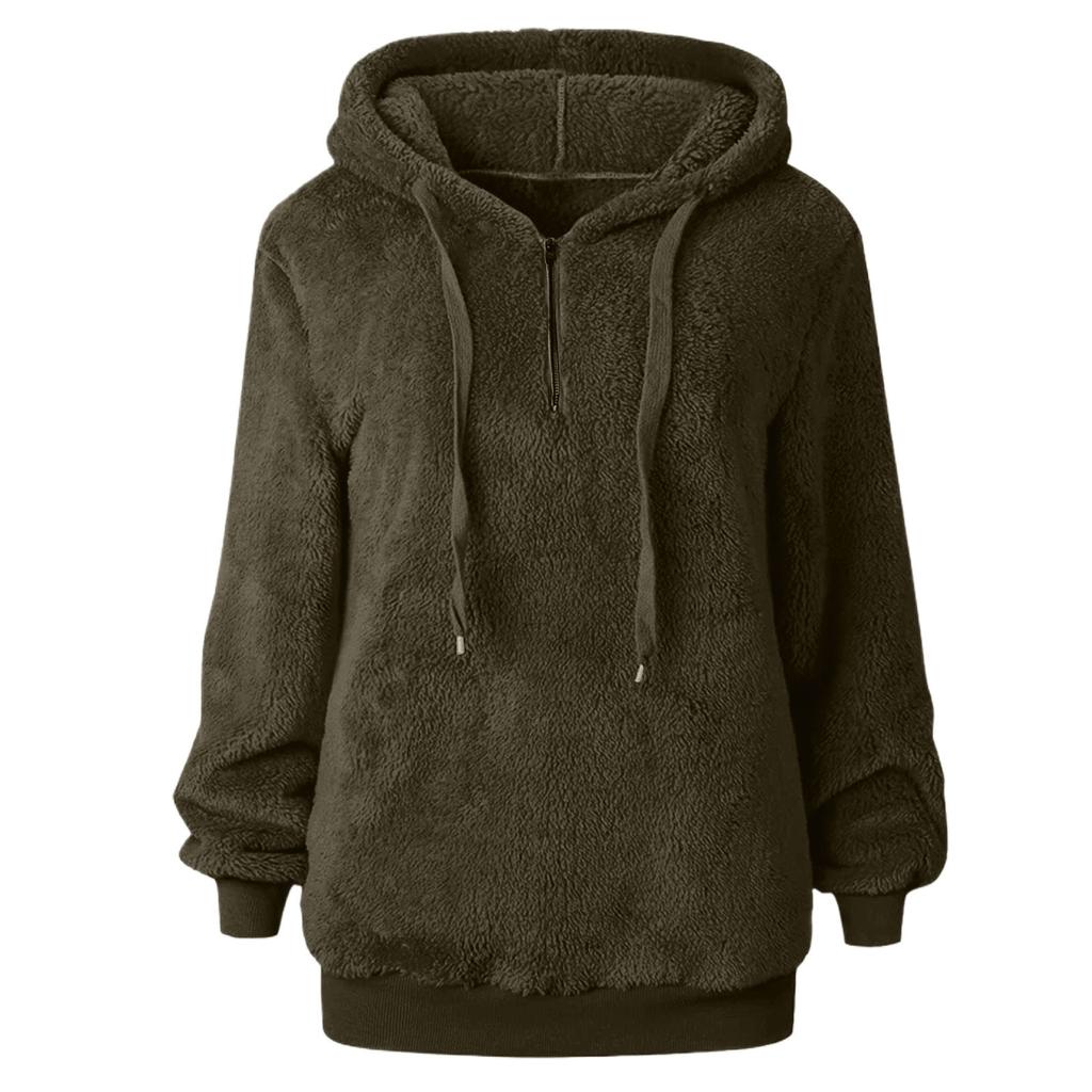 Women's Fashion Solid Colour Hooded Long Sleeve Zip Plush Sweatshirt Top