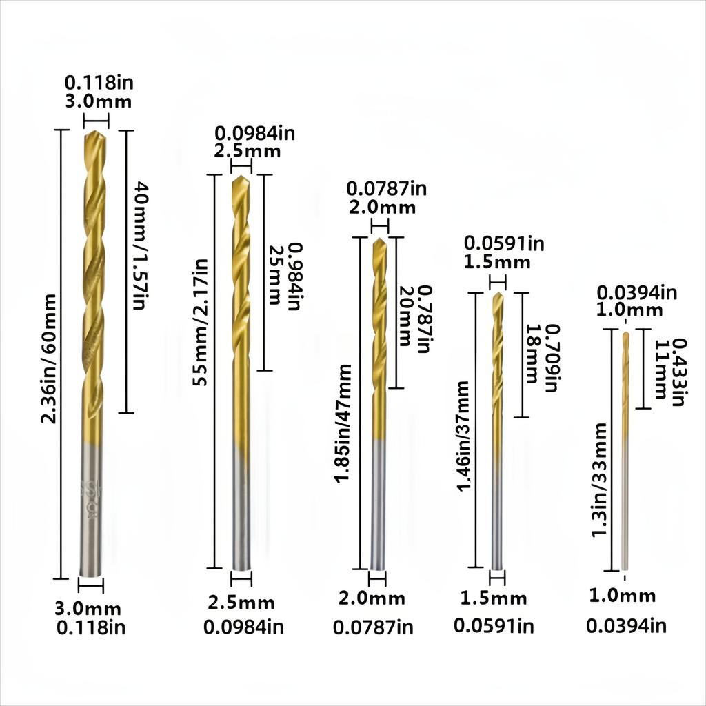 50pcs Titanium Coated High-Speed Steel Drill Bit Set - Suitable for Metal and Wood 1-3mm Carbon Steel, Round Shank, Spiral Flute Design, Mixed Sizes