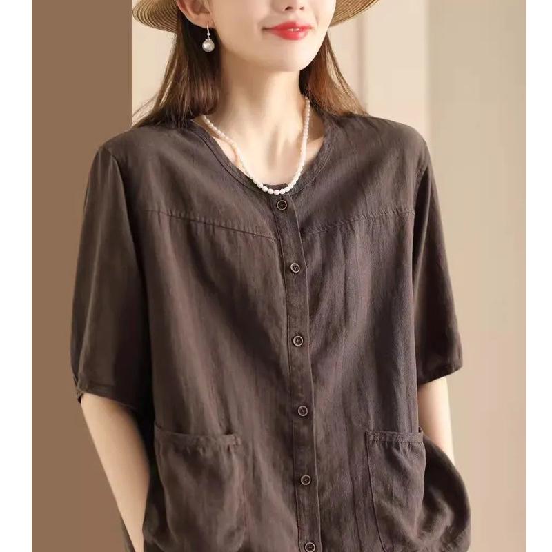 

Женская летняя хлопково-льняная рубашка-кардиган с рукавом до середины предплечья 2024 - Повседневный, приталенный, однобортный дизайн L (100-115 jin) кофейный