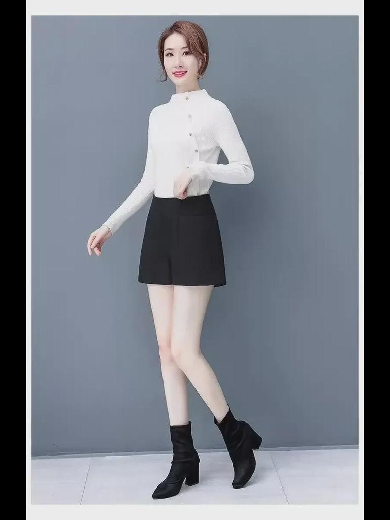 Spring 2024 Korean High-Waist Wool A-Line Shorts - Women's Wide-Leg Casual Outerwear