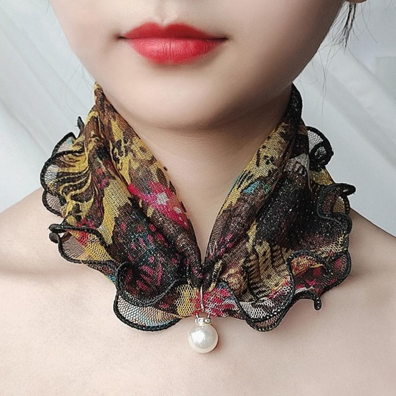 Fake Pearl Pendant Organza Neck Collar Chiffon Scarves Lace Pearls Scarf Fashion Print Shiny Variety Scarf Clothing Accessories