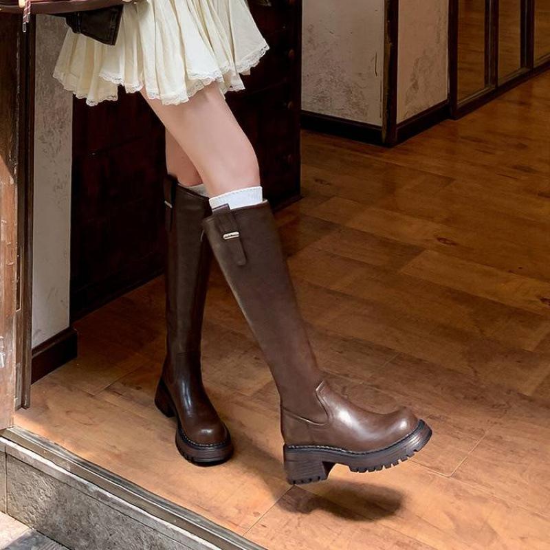 Autumn and winter women's leather boots leather large size knight boots thick-soled rear zipper high boots new middle heel round head women's boots