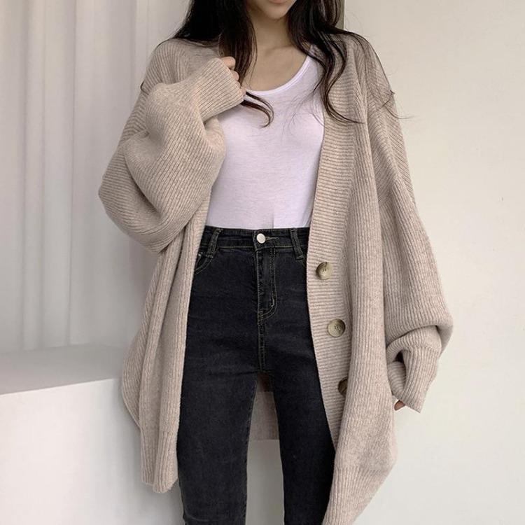 

Korean Oversized Cardigan Lantern Sleeve Knit Sweater Loose Plus Size Women Autumn Winter Single Breasted XXXL бежевий