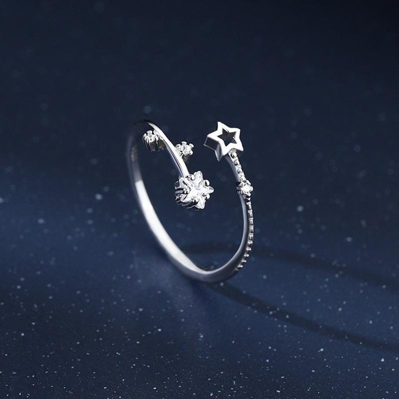 Korean Silver Color Shiny Five Pointed Star Rings for Women Simple Zircon Cross Hollow Star Open Finger Rings Jewelry Party Gift