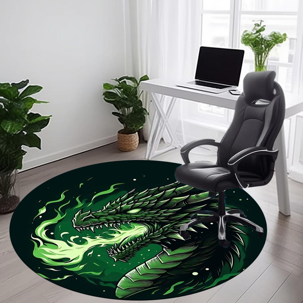 1pc Green Dragon Illustration Carpet, Round Non Slip Durable Large Size Office Carpet, Suitable for Office