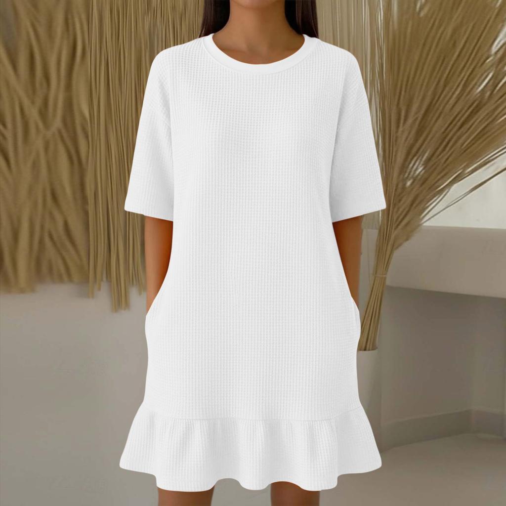 Women Casual Summer Dress Short Sleeve Crew Neck Mini Dress Ruffle Hem Dress Flowy Beach Sundress