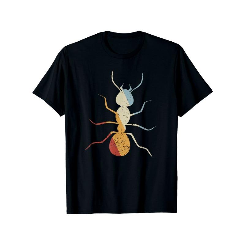 European Size Ant Retro Style Vintage T-Shirt - 100% Cotton, Geometric Ant Design, Round Neck Short Sleeves, Comfortable & Versatile for All Seasons