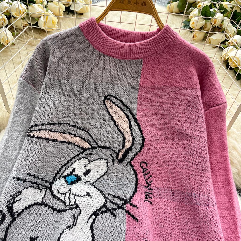 Autumn Winter Women College Style Cartoon Rabbit Knitted Sweater Pullover Tops For Girl
