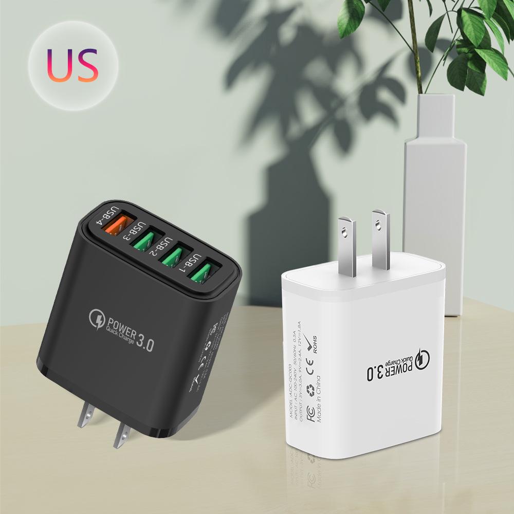 

QC3.0 Fast Charger: 4 USB Ports for Mobile Phones - European, American, UK Standards US Standard (2.4A) чорний