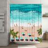 Beach Life Shower Curtain With Umbrellas, Beachgoers Palm Trees Blue Oceans Orange Sand Waterproof Fabric For Bathroom Decoratio