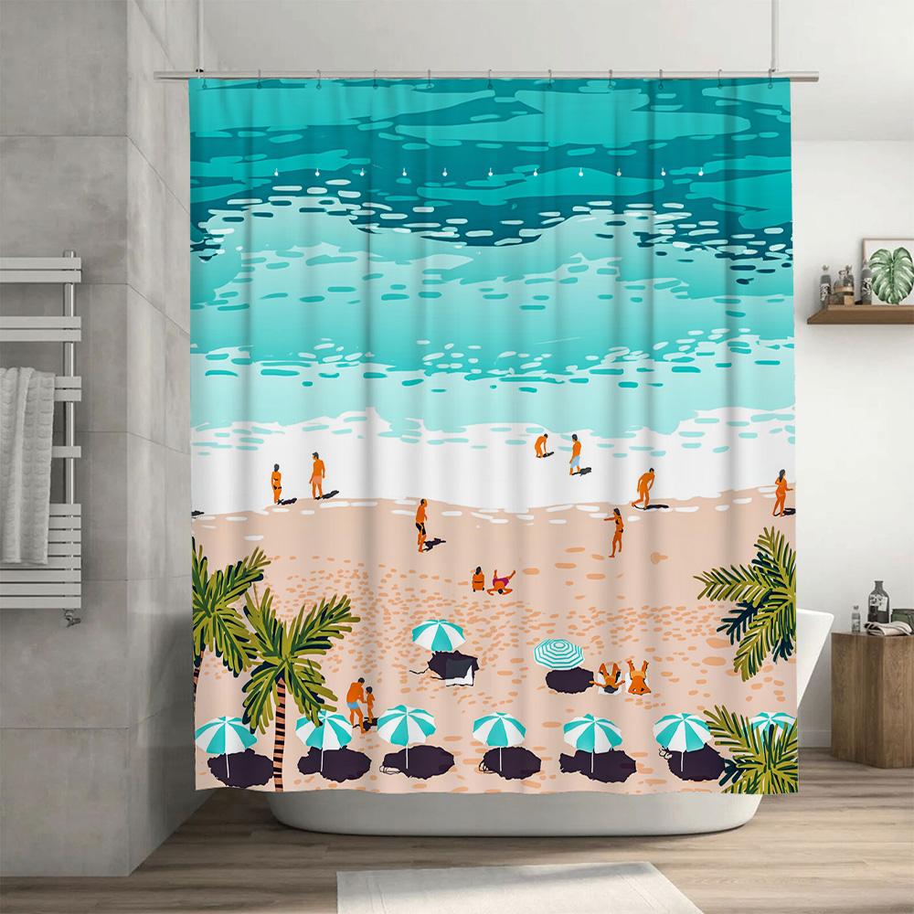 Beach Life Shower Curtain With Umbrellas, Beachgoers Palm Trees Blue Oceans Orange Sand Waterproof Fabric For Bathroom Decoratio