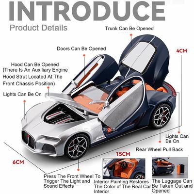 1:32 Scale Atlantic Bolide Sports Car Model Toy Doors Opened Sound Light Pul Back Alloy Racing Cars Collection Ornaments