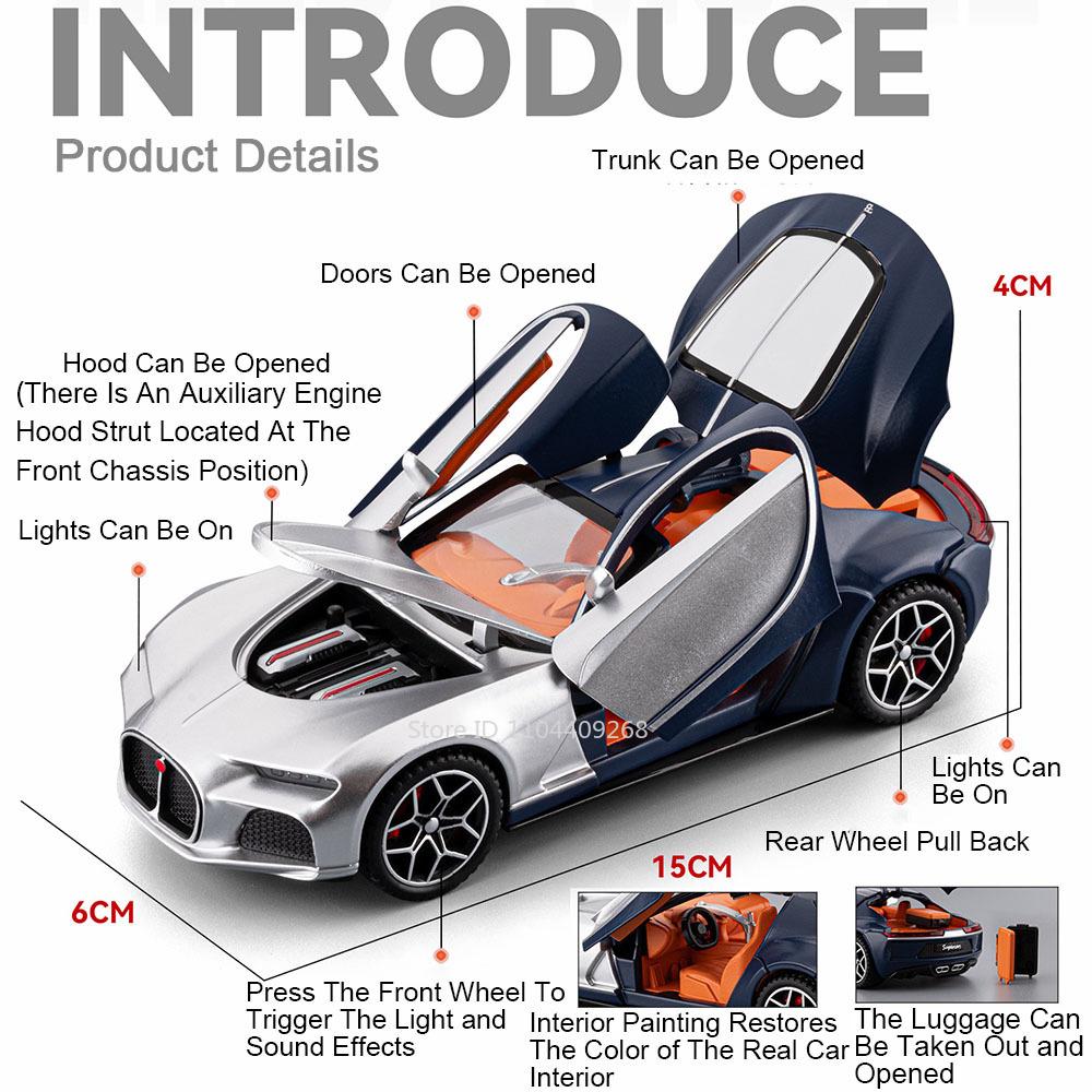 1:32 Scale Atlantic Bolide Sports Car Model Toy Doors Opened Sound Light Pul Back Alloy Racing Cars Collection Ornaments