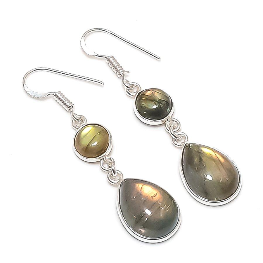 

Натуральный Лабрадорит Драгоценный Камень 925 Стерлинговое Серебро Ювелирное Изделие Серьга 2,01 s0H47