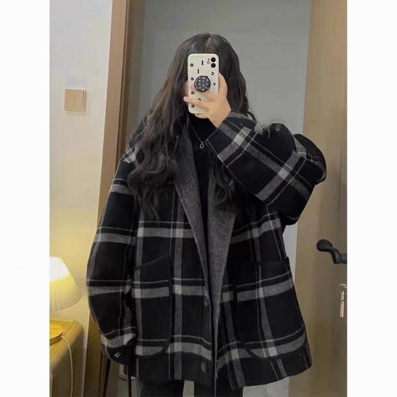 Plus Size Plaid Woolen Coat Women's Autumn and Winter Fat Loose Retro Elegant Woolen Coat Ins Trendy