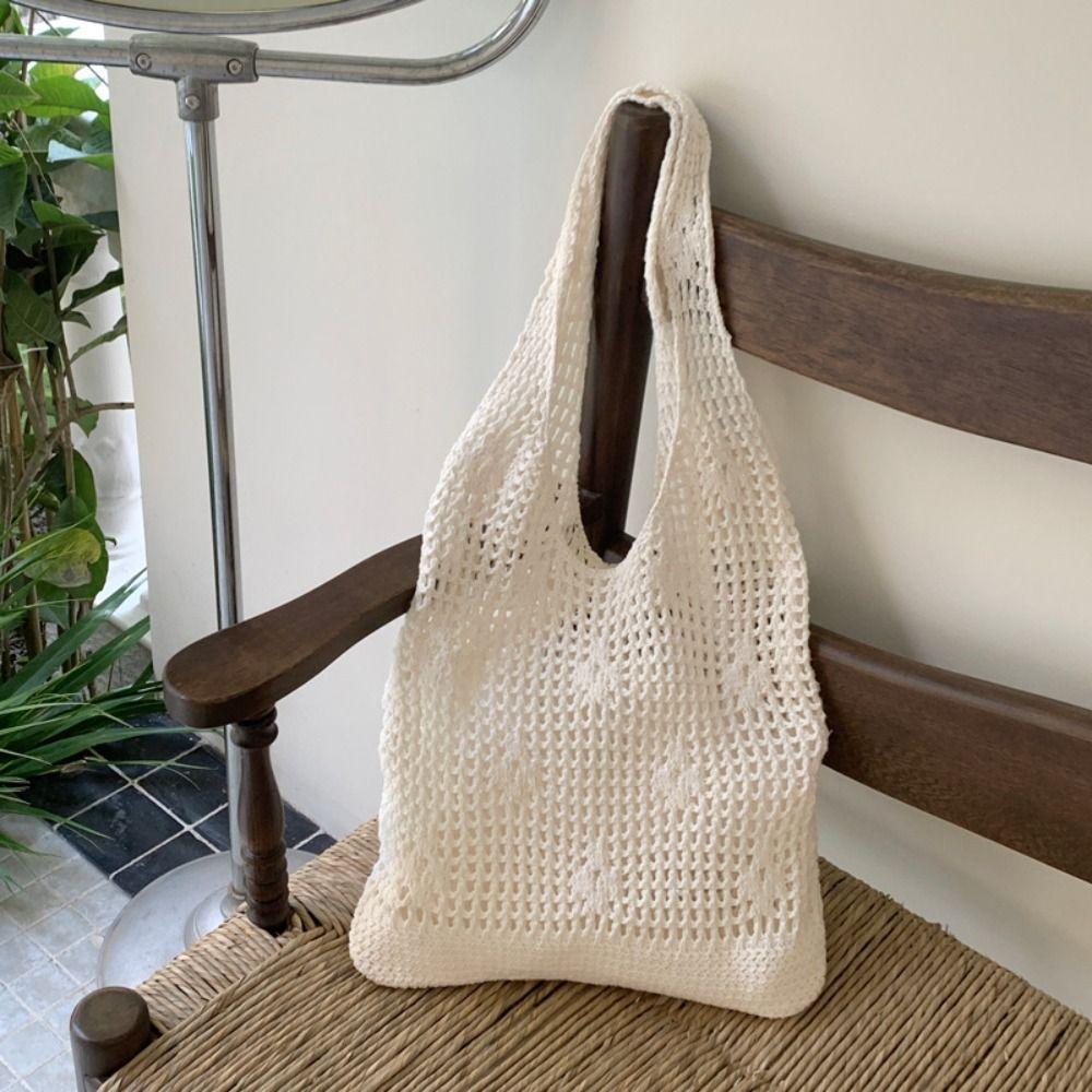 Braided Crochet Flower Tote Bag Solid Color Beach Bag Sweet Hollow Out Knitted Weave Bag  Daily