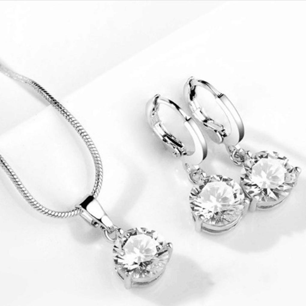 Damen Mädchen Geometrische Kristall Zirkon Halskette Ohrstecker Set Legierung Tropfen Anhänger Dekor Accessoires