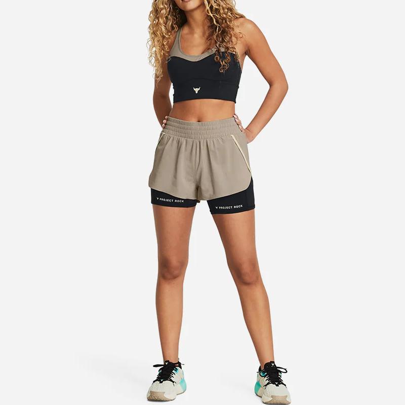 Under Armour Project Rock Color Block Elastic Waist Woven Training Two-In-One Shorts Women Shorts Khaki 1380188-203