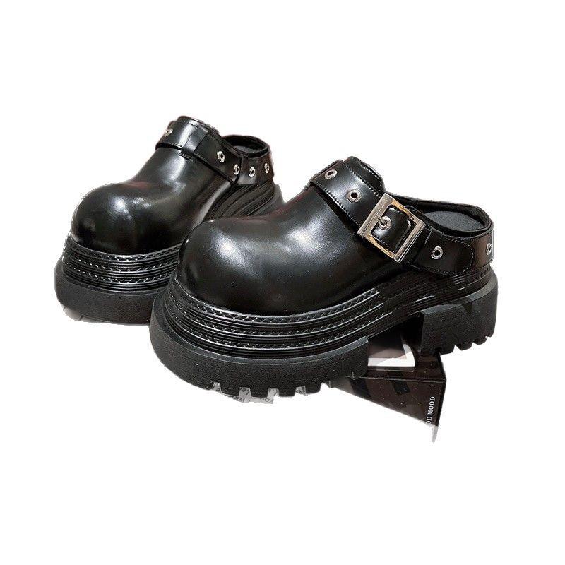 2025 Spring Baotou Half Slippers Women's New Muffin Heightened Thick Sole Outer Wear Retro Belt Buckle Slippers