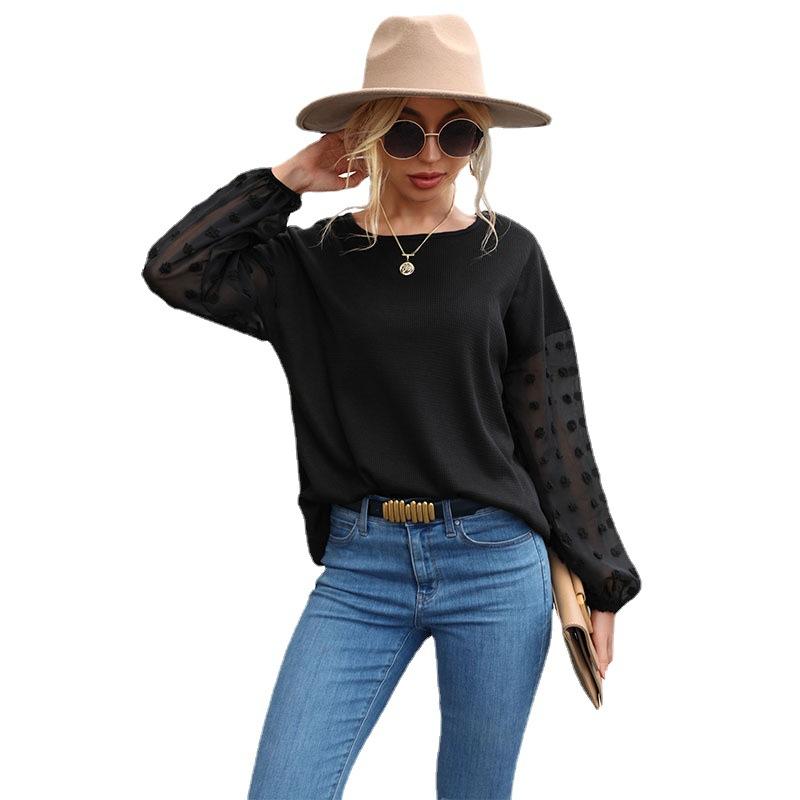 Fashion Casual Tops Shirts Clothing Fashionable and Casual Temperament Autumn and Winter Solid Color Tops for Women Black Lace Splicing Knit Sweater