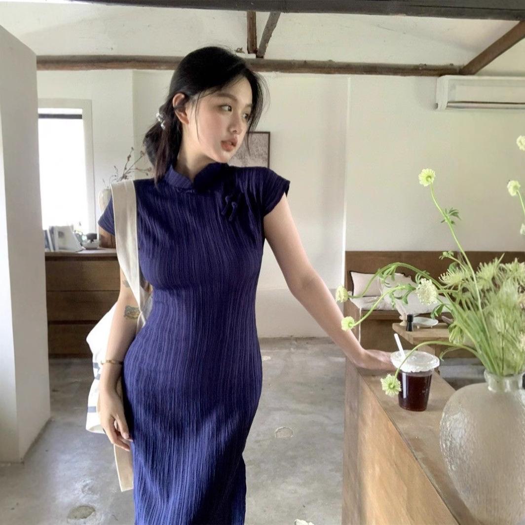 

New Chinese national style improved cheongsam dress women s summer waist design sense temperament split hip skirt long skirt S тёмно-синий