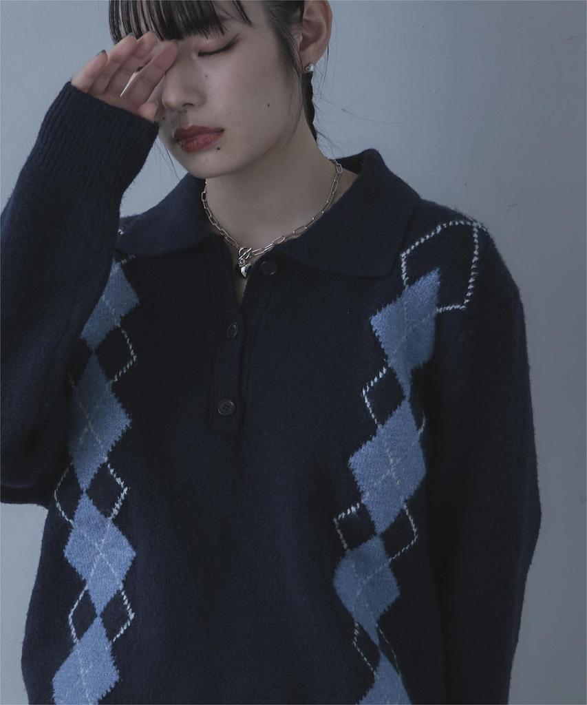 miette Collared Argyle Knit REW18109 Free Size Navy Women's