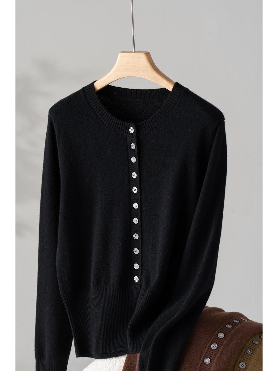 

2025 Женская мода 100% Чистый кашемир Кардиган с круглым вырезом – Высококачественный вязаный однотонный свитер с длинным рукавом Large