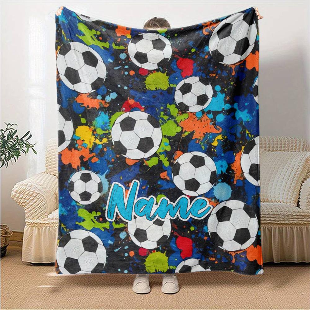 Custom Name Soccer Theme Printed Blanket - Perfect for Couch, Bed, Travel & Outdoor Use | Machine Washable, Cozy & Durable.