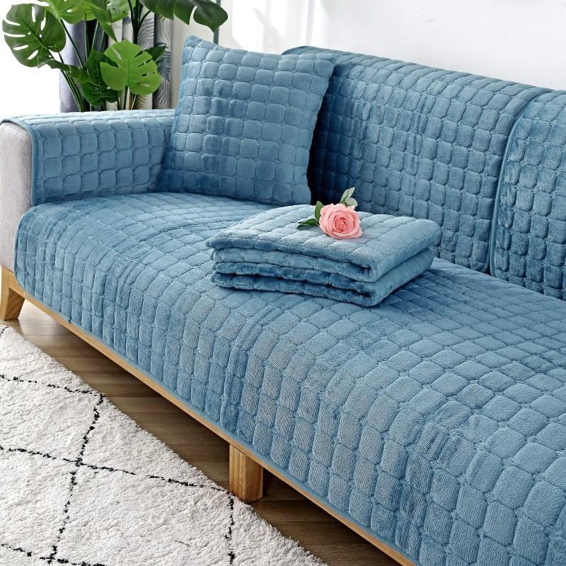 Super Soft Flannel Non-Slip Thickened Sofa Cushion Modern Simple Plaid Plush Cover Towel