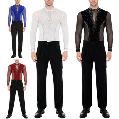 Mens Latin Dance Outfits Mock Neck Long Sleeve Shiny Rhinestones Mesh Leotard Bodysuit High Waist Pants Costume