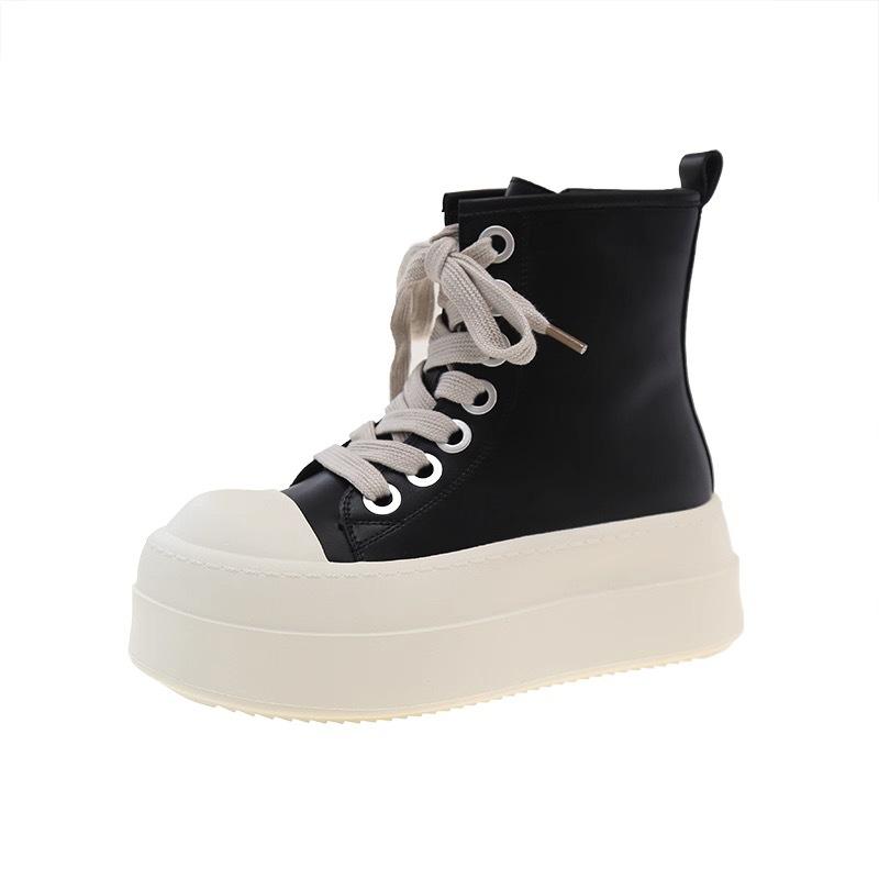 Black thick-soled high-top canvas shoes women's autumn new versatile heightening leather board shoes student casual shoes