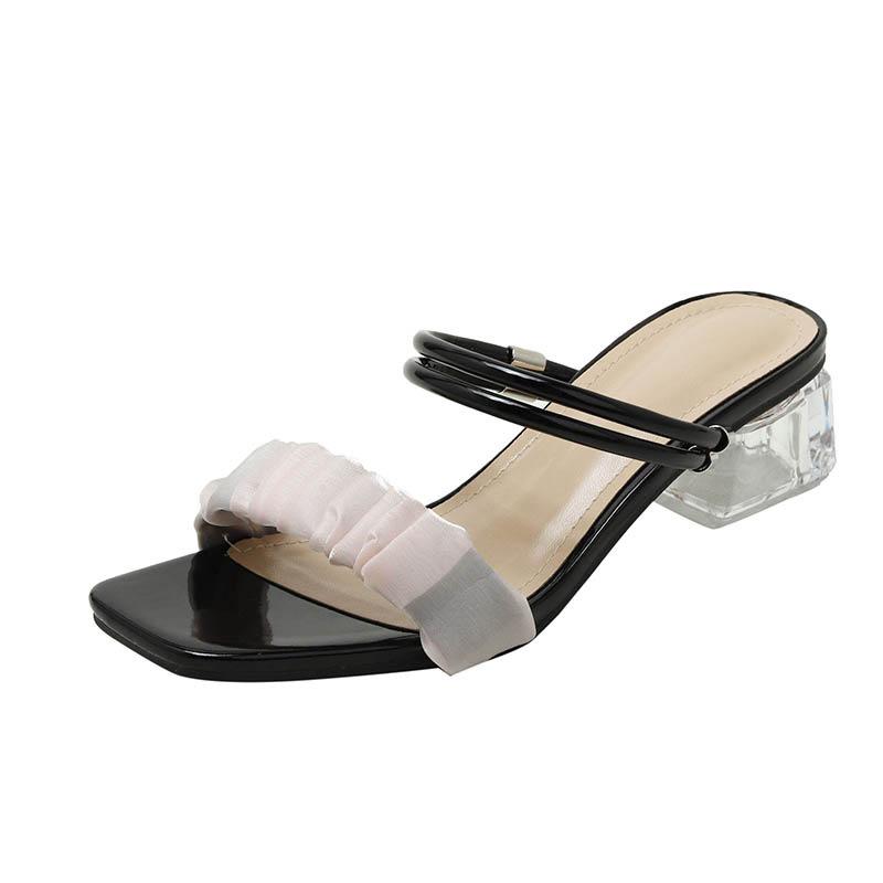 

Soft leather two wear crystal sandals women s thick heel summer 2025 new versatile middle heel fairy style high heel cool slippers 35