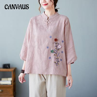 3D Embroidered Flowers Stand-up Collar Shirt Plus Size Cotton Linen Women's Spring Summer Retro Disc Buckle Loose Three-quarter Sleeve Shirt