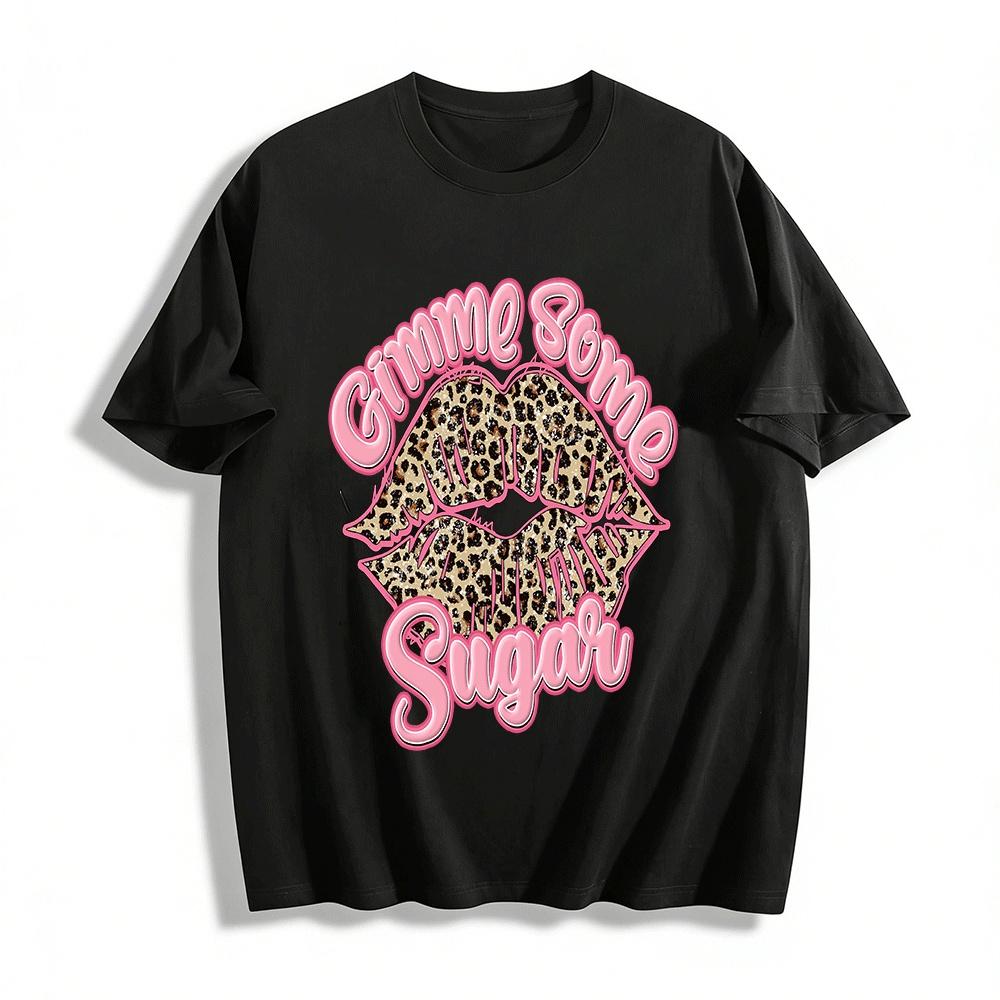 Leopard Print Lips Graphic Tee Gimme Some Sugar Casual Top Pure cotton T-shirt XXS