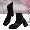 Thick High Heel Short Boots Autumn Winter New Popular Square Headed Suede Ankle Boots for Women Black Brown Elastic Heeled Boots