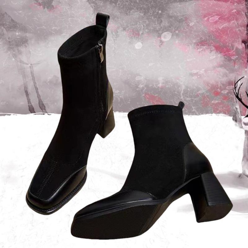 Thick High Heel Short Boots Autumn Winter New Popular Square Headed Suede Ankle Boots for Women Black Brown Elastic Heeled Boots