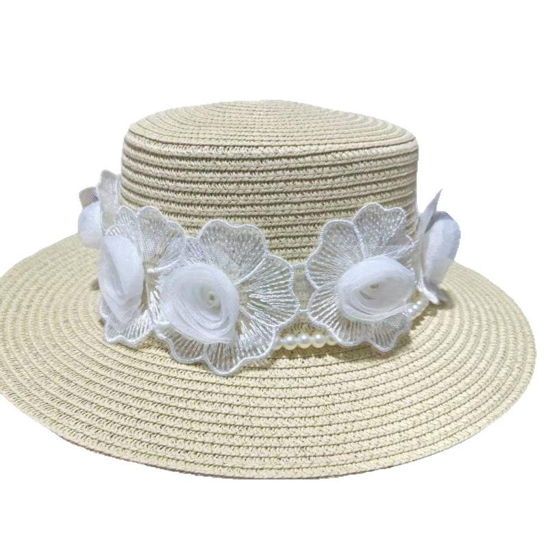 Hat female summer beach sunshade sunscreen sun hat French British retro temperament pearl flat top top hat