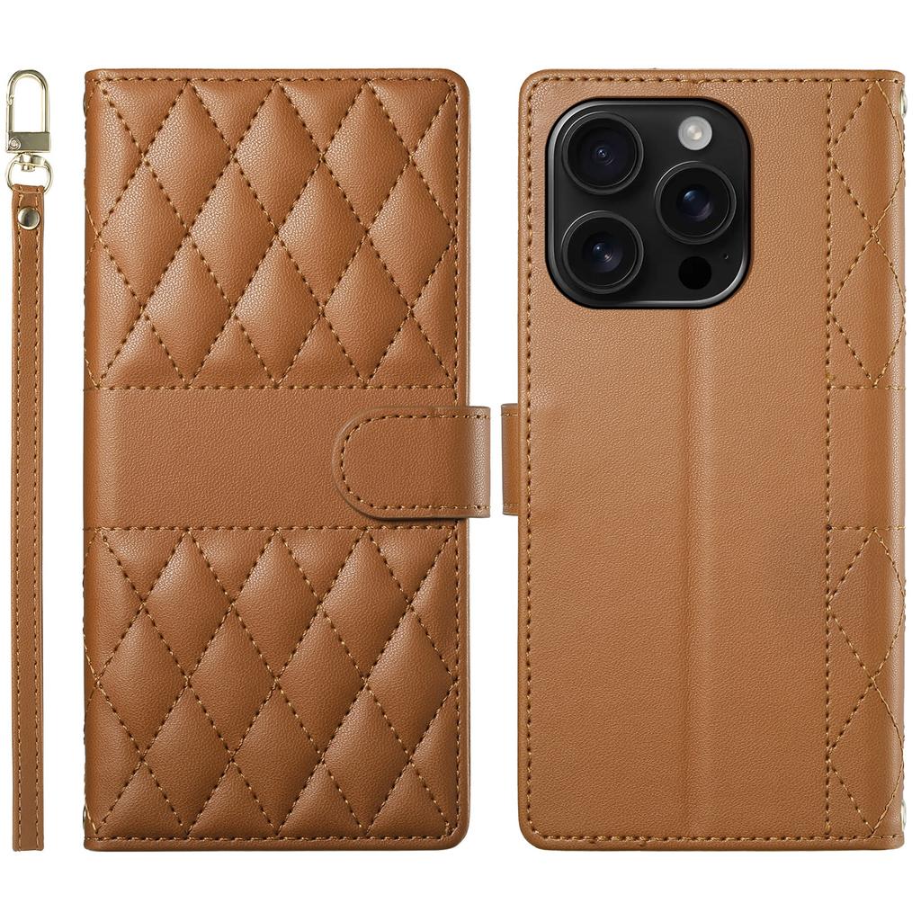 For iPhone 16 Pro Max Case Rhombus Stitching Wallet Stand Leather Phone Cover with Long/Short Strap