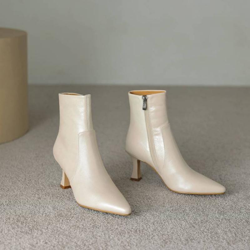 New women's leather large size medium boots solid color rear zipper thin heel pointed autumn and winter comfortable sheepskin Martin boots