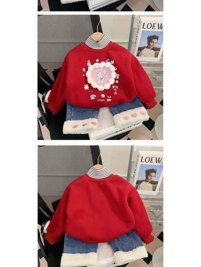 Toddler Girls' Cartoon High-Neck Sweatshirt, Autumn/Winter 2025, Velvet Pullover, Cute and Stylish