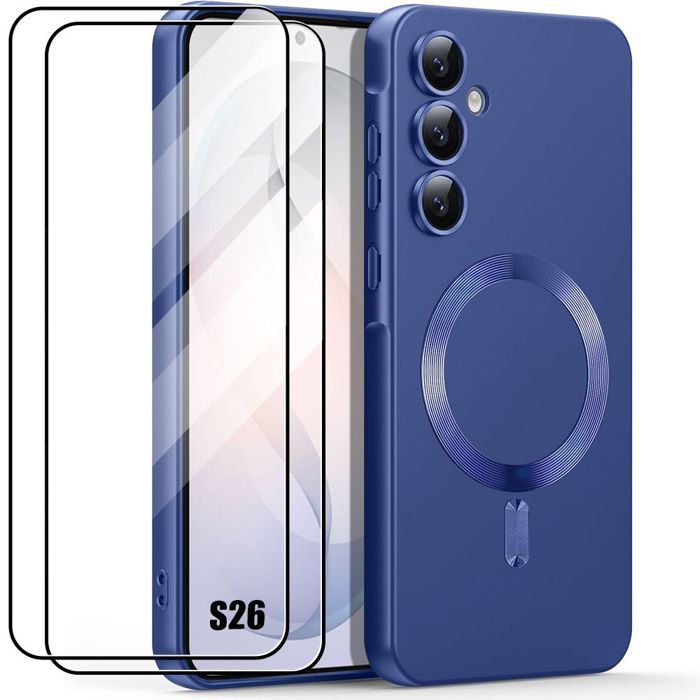 Coque Silicone - BOOLING - pour Samsung Galaxy S26 - avec Cercle Magnétique - 2 Vitres -Bleu Marine