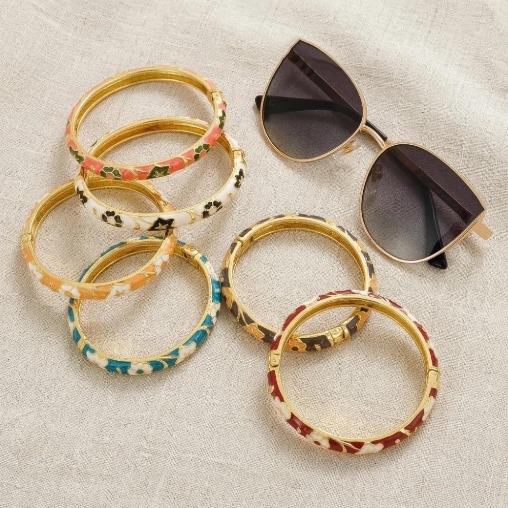 Floral Colorful Flower Bangle Traditional Women's Hand Bracelet Vintage Cloisonne Bangle  Ladies