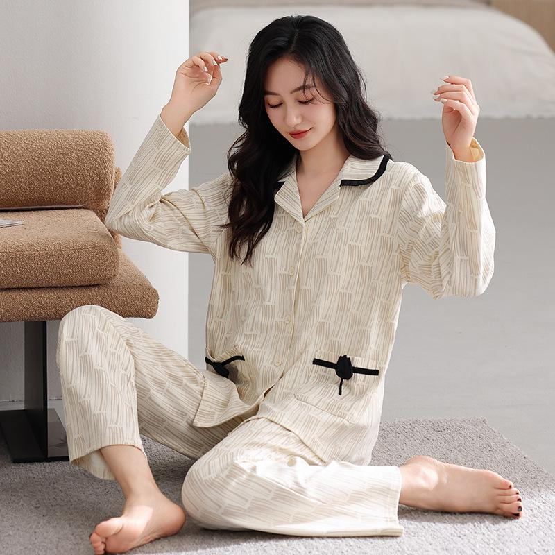 Women's pure cotton spring and autumn pajamas long sleeves can be worn outside autumn women's high-end cardigan loungewear cotton suit