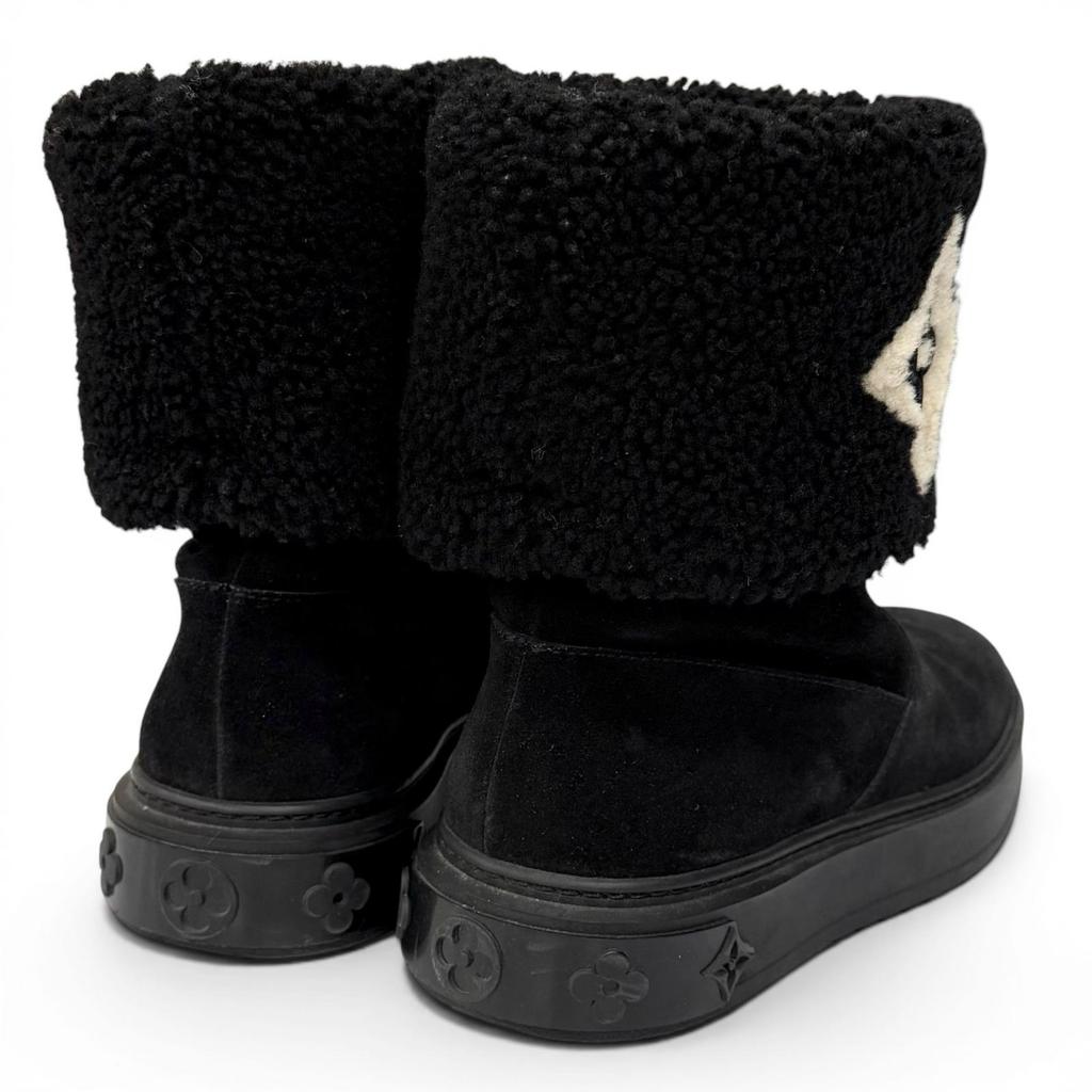 Great LOUIS VUITTON Boots Snowdrop Line LV Logo Shearling Black Mouton Women 35 Used