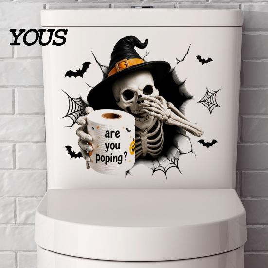 Cute Ghost Bathroom Wall Murals Halloween Toilet Seat Cover Stickers, Scary 3D Crack Skeleton Creative Tank Decorations Lid Decals, Waterproof