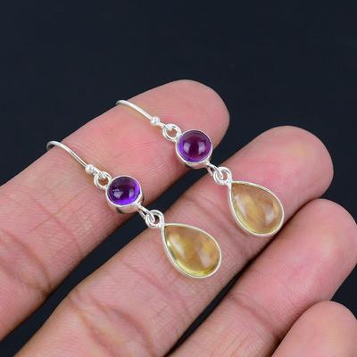 Natural Citrine Amethyst Gemstone Earrings Solid 925 Sterling Silver Handmade Drop Dangle Earrings For Valentine's Day Gift for Loved Ones