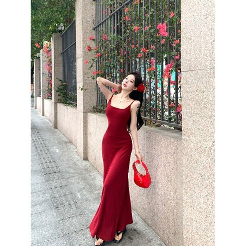 Kumikumi Pure Desire Style Sexy Gray Sling Dress Women Summer With Chest Pad Slim fit Backless Sheath Long dress