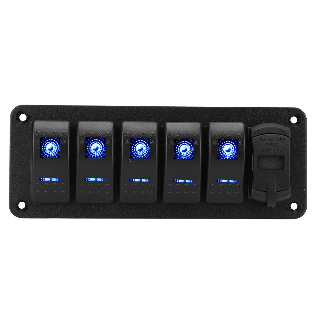 5 Gang Rocker Switch Panel 12V‑24V Dual USB Charger LED Voltage Display ON Off Switch for Truck RV Yacht