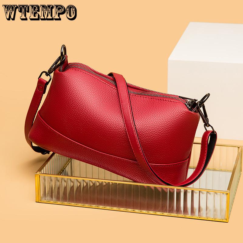 Echtes Leder, leuchtend rot, schicke Umhängetasche für Damen – modische Volltonfarbe mit Reißverschluss, Polyesterfutter