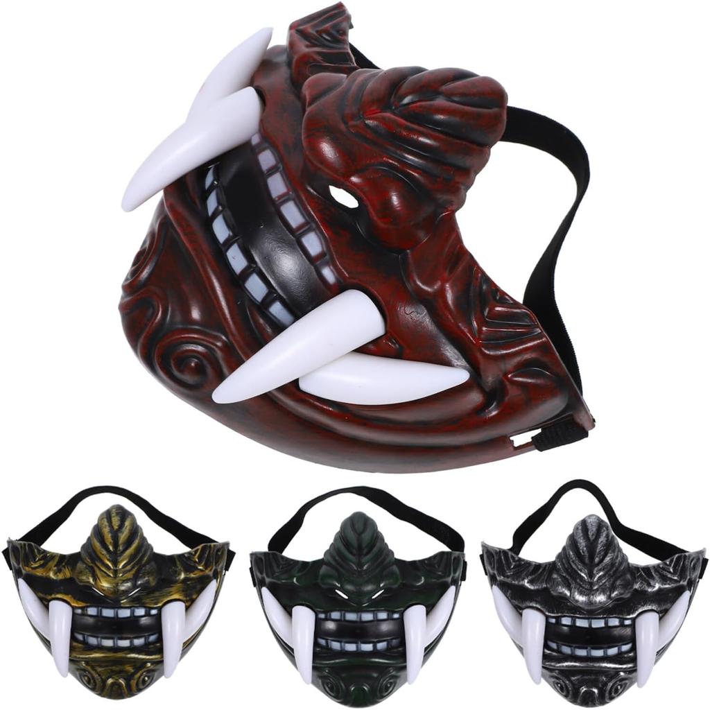 TOYANDONA 4pcs Oni Samurai & Japanese Monster Hannya Half Face Devil Mask - Prajna Cosplay Accessories for Masquerade & Halloween Party